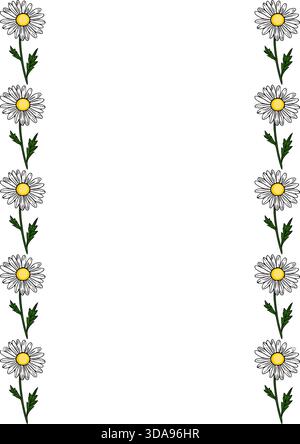Decorative vector border featuring a repeating pattern of daisies with green stems and leaves on a white background. Stock Vector