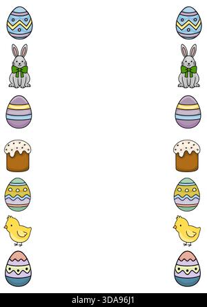 Festive vector illustration featuring a symmetrical arrangement of Easter eggs, bunnies, and cakes, perfect for holiday decorations. Stock Vector