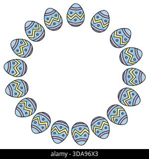 Festive Easter egg frame vector with blue, purple, and yellow chevron patterns and circular accents, perfect for spring holiday designs. Stock Vector