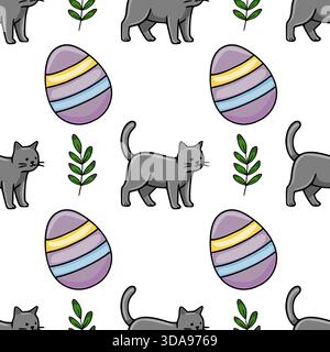 A charming vector seamless pattern featuring playful grey cats and striped Easter eggs, interspersed with delicate green sprigs on a clean white backg Stock Vector
