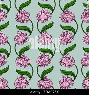 Seamless vector pattern of delicate pink parrot tulips with lush green leaves on a pale blue background, featuring a stylized botanical illustration. Stock Vector