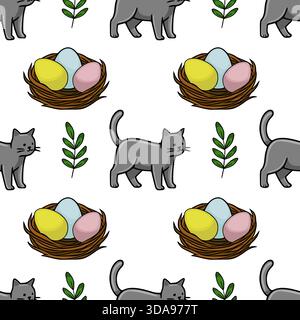Whimsical vector seamless pattern featuring cute gray cats and colorful Easter eggs nestled in woven baskets, interspersed with delicate green sprigs. Stock Vector