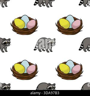 Adorable vector pattern featuring charming raccoons interacting with colorful Easter eggs nestled in woven nests, set against a clean white background Stock Vector
