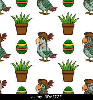 Charming vector pattern featuring a whimsical pirate parrot alongside potted plants and decorative eggs, creating a playful and festive atmosphere. Stock Vector