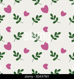 Seamless vector pattern of delicate green sprigs and soft pink hearts on a Cloud Dancer background, evoking a gentle, romantic, and natural aesthetic. Stock Vector