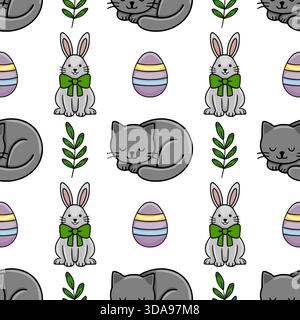 Charming seamless vector pattern featuring cute grey cats, adorable bunnies with green bows, and pastel striped Easter eggs, interspersed with delicat Stock Vector