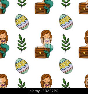 A whimsical vector pattern featuring cute mermaids, treasure chests, and decorative Easter eggs, interspersed with delicate green leaves on a white ba Stock Vector