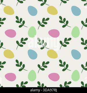Seamless vector pattern of pastel Easter eggs and green sprigs on a Cloud Dancer background. Stock Vector