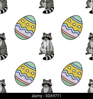 Seamless vector pattern featuring cute cartoon raccoons with black masks alternating with brightly decorated pastel Easter eggs on a clean white backg Stock Vector