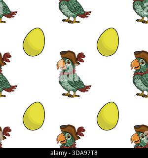 Whimsical repeating vector pattern featuring cartoon pirate parrots in brown tricorn hats alternating with large golden yellow eggs on a clean white b Stock Vector
