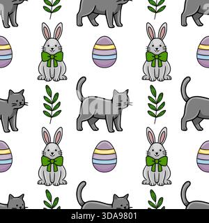 Whimsical vector seamless pattern featuring playful grey cats, cheerful Easter bunnies with green bows, and pastel striped eggs, interspersed with del Stock Vector