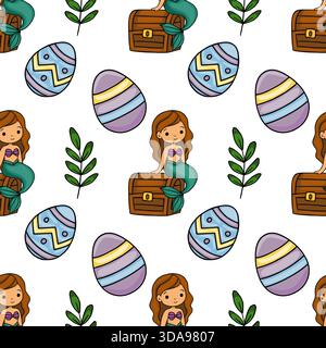 Charming vector seamless pattern featuring cute mermaids, decorative Easter eggs, and delicate green foliage on a white background. Stock Vector