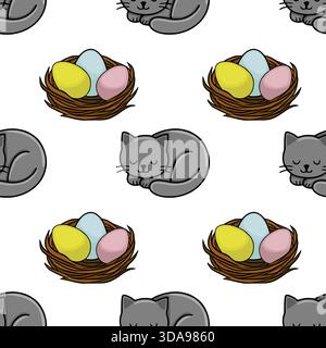 Adorable seamless vector pattern featuring sleeping gray cats nestled with pastel Easter eggs in woven nests, perfect for springtime holiday themes. Stock Vector