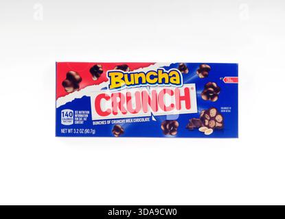 Box of Buncha Crunch candy bite size pieces of rice crispies covered in milk chocolate manufactured by Ferrara Candy Company subsudiary of Ferrero Stock Photo