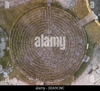 Stone Labyrinth near Bebristsikhe Fortress – Aerial View Stock Photo