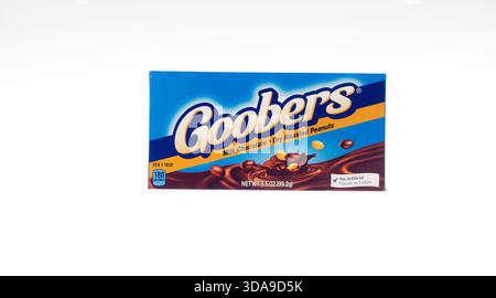 Box of Goobers Chocolate Covered Peanuts Candy on white background made with milk chocolate and dry roasted peanuts Stock Photo