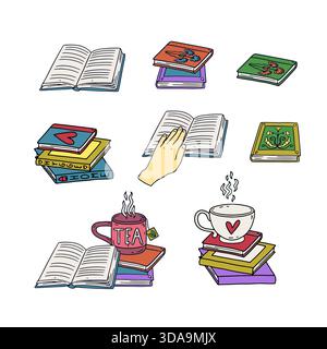 Line art tea cup standing on stack of books hand drawn icons set vector illustration. Cozy reading clipart bundle Stock Vector