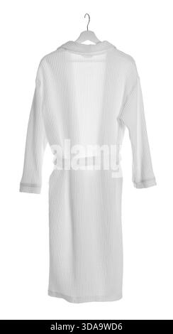 Hanger with soft bathrobe on white background Stock Photo