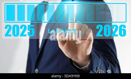 Businessman activating download on virtual screen against white background, closeup. Loading of 2026 New Year Stock Photo