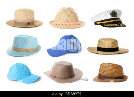 Set of different hats isolated on white Stock Photo
