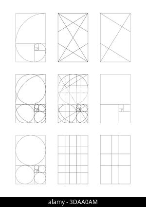 Golden ratio template collection. Fibonacci array, numbers. Method golden section flat icons. Set of Harmony proportions frames isolated on a white Stock Vector