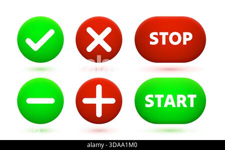 Modern 3D UI icons and buttons. Essential green and red symbols for web and app interfaces. Vector illustration. Stock Vector