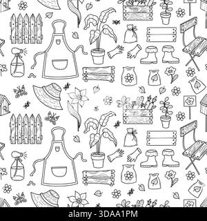 Seamless Hand Drawn Gardening Doodle Pattern. Outline Repeating Farmhouse Tools, Wooden Fence, Chair, Plants, Flowers, And Apron on White Background. Stock Vector