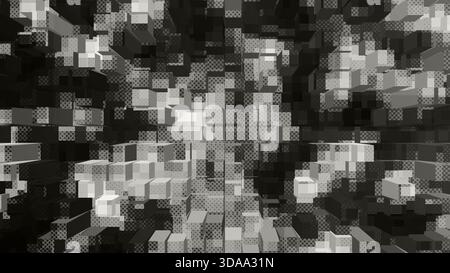 Abstract grayscale 3D cube mosaic with geometric blocks and textured patterns Stock Photo