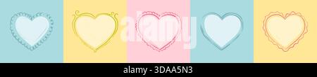 Set of cute hand drawn childish crayon doodle heart frames. Scalloped edge pencil, chalk, pastel, charcoal drawing romantic border. Valentines day des Stock Vector