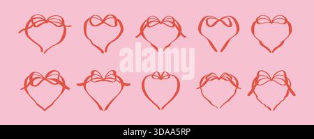 Set of pink heart bow ribbon frames in girly coquette style. Flirtatious hand drawn doodle red romantic border for valentines day cards, wedding invit Stock Vector