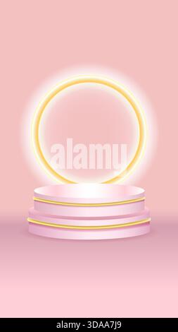 Pink and gold neon circle with podium on pastel background Stock Vector