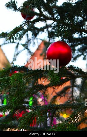 A red decorative Christmas bauble on a Christmas tree branch Stock Photo