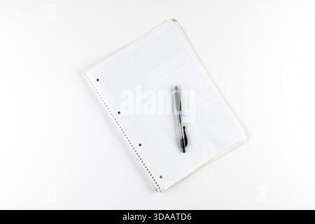 Notebook with checkered pages and a black ballpoint pen on a white background Stock Photo