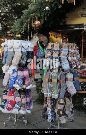Display of warm winter socks at a Christmas market in Karlsruhe, Germany. Photo taken on December 9, 2025. Stock Photo
