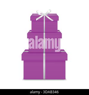 Vector 3d Pink Gift Box Tower, Isolated. Three Stacked Purple Present Boxes with White Ribbon Bow. Vector Gift Boxes for Holiday, Birthday, Christmas Stock Vector