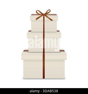 Vector 3d Elegant Cream Gift Boxes Stack with Brown Ribbon Bow, Isolated. Minimalist Present Box Tower. Luxury Packaging for Wedding, Birthday Stock Vector