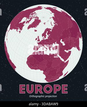 Europe. World map. Orthographic projection centered to Europe. Pale Mint Dark Pink palette. Vintage texture. Amazing vector illustration. Stock Vector