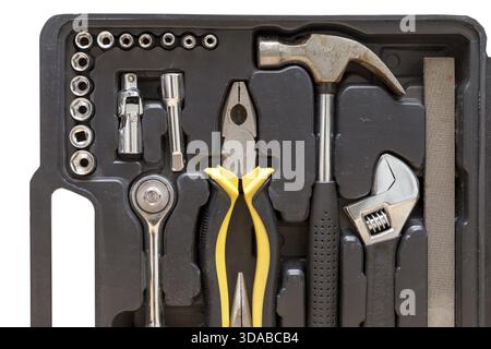 Toolbox set of tools include hammer wrench bit driver pliers hex key bush level hex key Stock Photo
