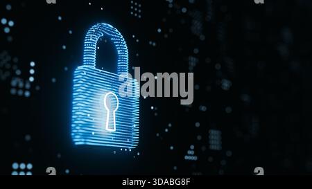 Abstract Digital Padlock Blue Glowing Data Points Security Copy Space. 3d rendering Stock Photo