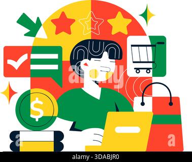 Online Freelancer Marketplace Illustration Featuring A Digital Platform For Search, Offers, Professional Services, and Product Order Tracking System Stock Vector