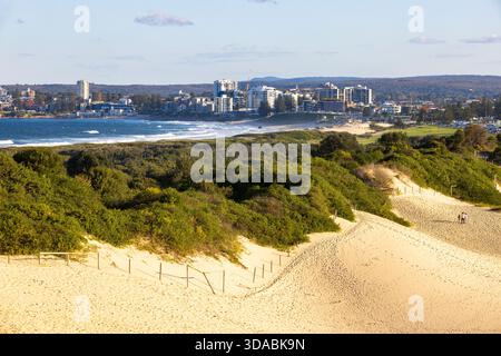 Giant coastal sand dunes at Cronulla, Sydney, Australia, with the Cronulla skyline in the background Stock Photo