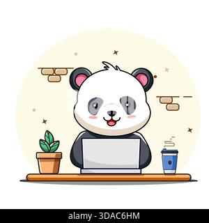 Cute Panda Character Working on Laptop at Desk Vector Illustration Cartoon Kawaii Stock Vector