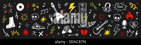 Hand drawn doodle music icons with rock elements, lightning bolts and graffiti style tattoo stickers for creative band designs on chalkboard. Marker sketch music icons. Vector illustration Stock Vector