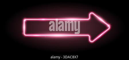 Red neon arrow element. Pink glowing led direction sign. Shine tube lamp in arrowhead shape. Bright luminous fluorescent pointer effect for banner, poster, logo. Vector neon led light illustration Stock Vector