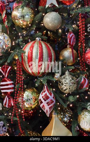Christmas tree decorations, various Christmas tree ornaments. Christmas decor. various red decorative Christmas balls. Stock Photo