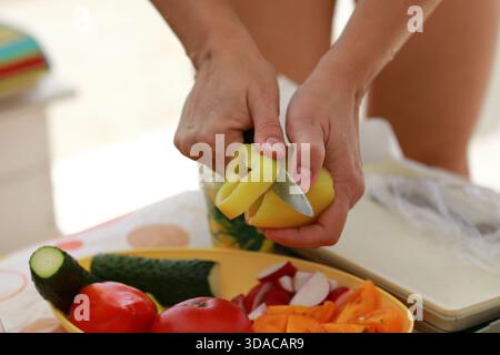Woman hands cutting fresh yellow bell pepper with a knife over a plate of various vegetables, preparing a healthy meal concept. Stock Photo
