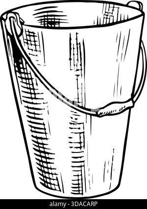 Empty zinc bucket. Black and white vector illustration drawn by hand. Metal container for household and gardening purposes, aluminum tool for liquids Stock Vector