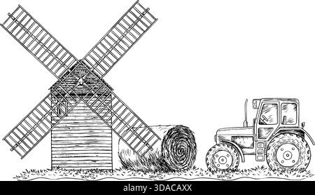 Agricultural landscape. Black and white vector illustration drawn by hand. A mill, a roll of hay, and a tractor. The concept of agricultural machinery Stock Vector
