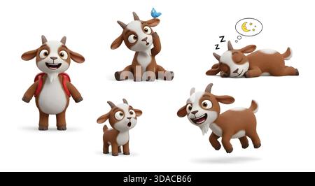Adorable 3D Rendered Cartoon Goat Character Set - Cute Kid with Backpack, Sleeping, Jumping, and Curious Poses for Children's Books, Education Stock Vector