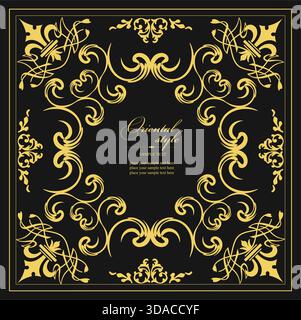 Elegant golden frame with floral ornaments creating a border on a black background, perfect for adding a touch of sophistication. Hand drawn illustrat Stock Vector